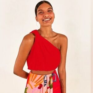 Farm Rio Women's Red One Shoulder Knotted Linen Blend Crop Top Size XS